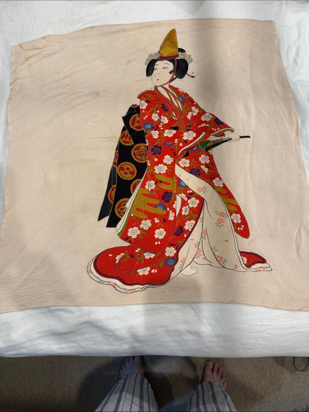 Vintage Japanese silk crepe scarf featuring a Traditional Geisha/Kimono